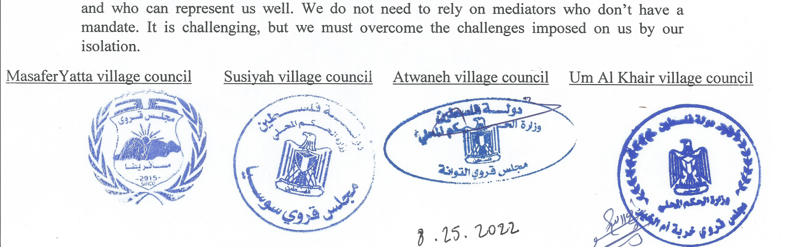 Signatures and stamps by councils on the statement circulated in September 2022, implying that the statement was signed on August 25, 2022. While the dates on these have been manipulated to suggest that this is a recent statement, the critical point is that the GSC meet with several of the councils after this statement was circulated and two of the councils that reject zionism and collaboration with settlers rejected the previous statement on October 4th, 2022.